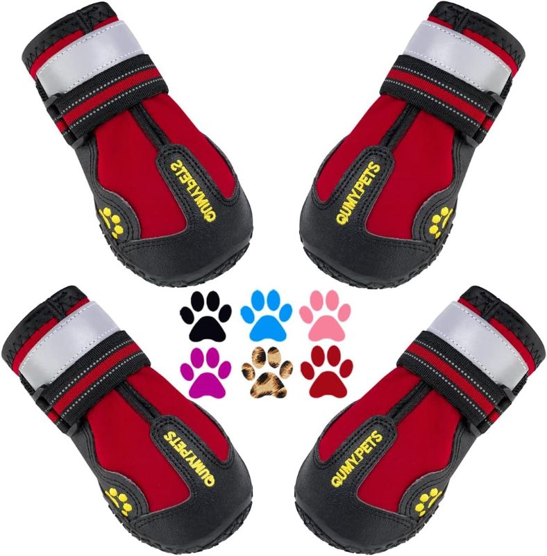 Photo 1 of QUMY Dog Shoes for Large Dogs, Medium Dog Boots & Paw Protectors for Winter Snowy Day, Summer Hot Pavement, Waterproof in Rainy Weather, Outdoor Walking, Indoor Hardfloors Anti Slip Sole Red Size 4
