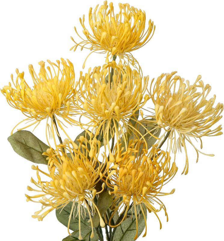 Photo 1 of Hollyone 33" Yellow Artificial Mums Flowers Spring Chrysanthemum Flowers 2Pcs Fake Spider Mum Flower Arrangement Faux Pincushion Flower with 3 Heads Long Stem for Party Centerpiece Bouquet Home Decor
