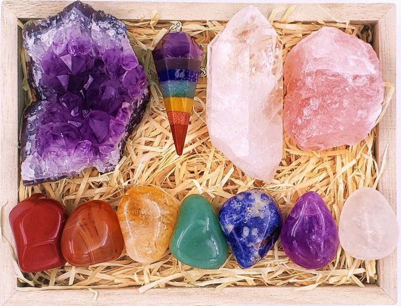 Photo 1 of Premium Crystals and Healing Stones Premium Kit in Wooden Box - 7 Chakra Stones Healing Set, Rose Quartz, Amethyst Cluster, Quartz Points, Chakra Pendulum, EBook, Poster, Made-in-USA, Gift Ready
