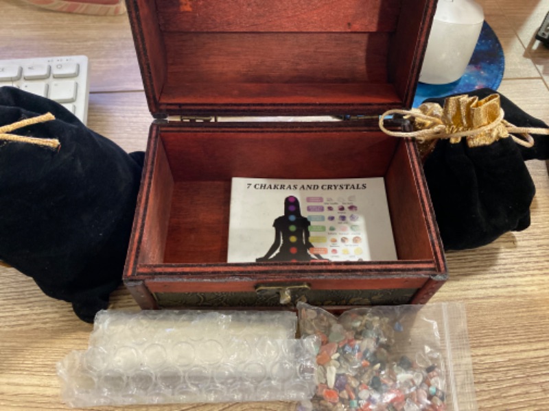 Photo 3 of Premium Crystals and Healing Stones Premium Kit in Wooden Box - 7 Chakra Stones Healing Set, Rose Quartz, Amethyst Cluster, Quartz Points, Chakra Pendulum, EBook, Poster, Made-in-USA, Gift Ready
