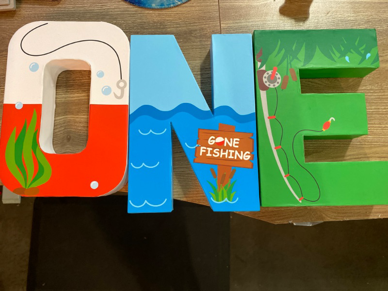Photo 2 of Gone Fishing Large One Letter Sign First Birthday The Big One Decoration Ideas O-Fishally One Party Cake Smash Mache Photo Prop Supplies
