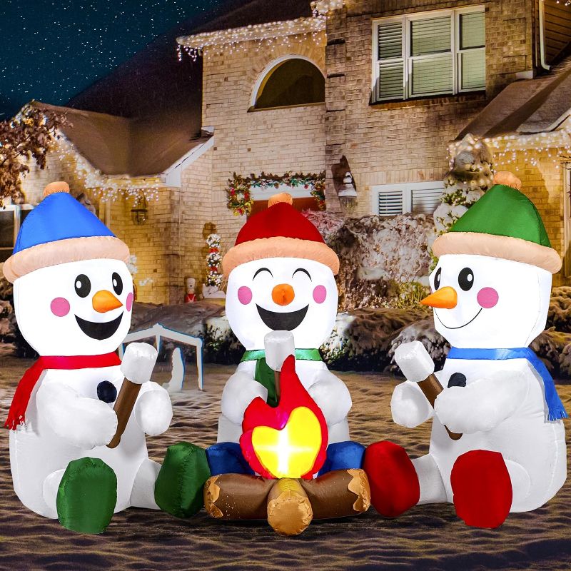Photo 1 of Joiedomi 6 FT Long Christmas Inflatable Snowman with Campfire, 3 Pack Small Snowman with Built-in LEDs Christmas Blow Up Yard Decoration with Light for Xmas Party Outdoor, Garden, Lawn Winter Decor
