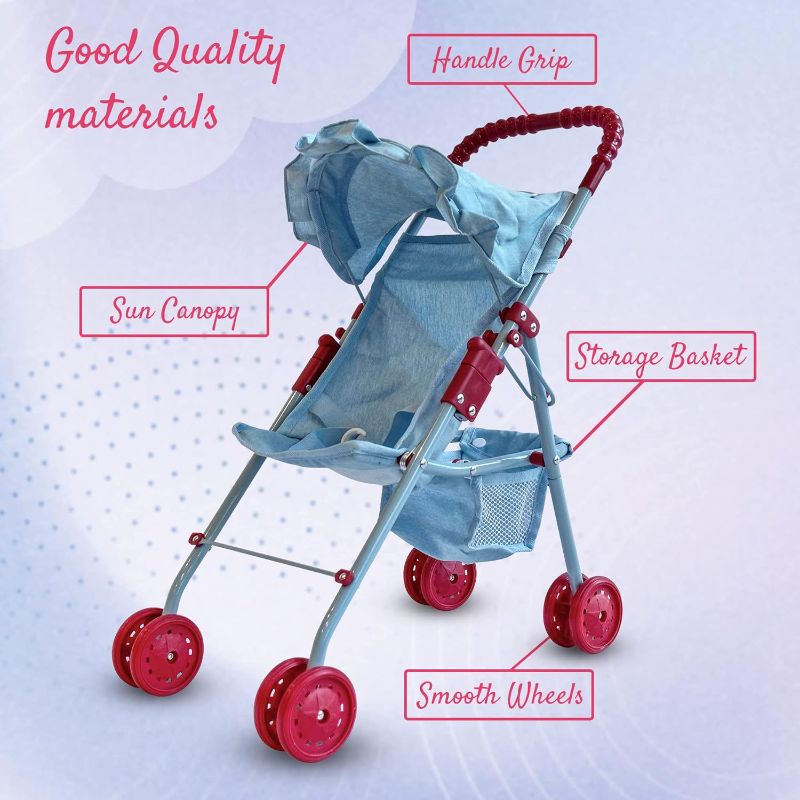 Photo 3 of My First Baby Doll Stroller for Toddlers 3 Year Old Girls, Little Kids | Folding Baby Stroller for Dolls, Toy Stroller for Baby Dolls with Bottom Storage Basket, Foldable Frame, Canopy, Seatbelt

