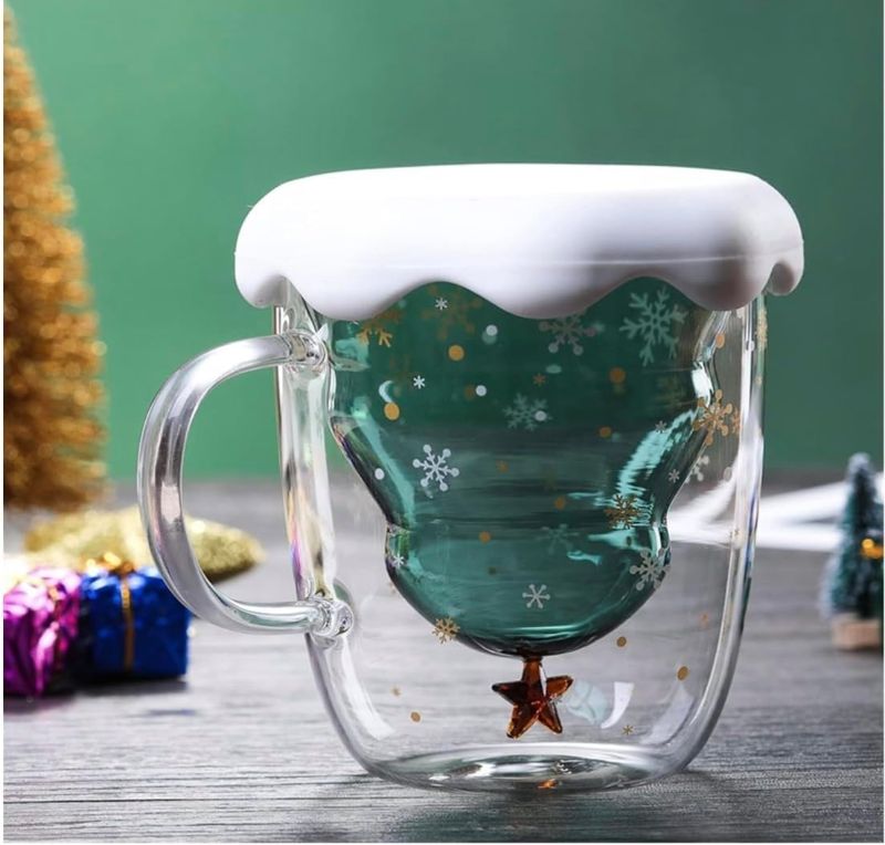 Photo 2 of Christmas Mugs - Christmas Tree Glass Mug with Snowflake Lid & Handle - Cute Mug for Tea/Coffee/Milk - Double Walled Insulated Glass Cups for Christmas & Happy New Year Gifts - 300ML (Pack of 2)
