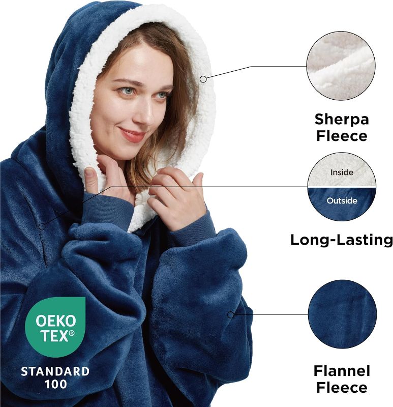 Photo 2 of Bedsure Wearable Blanket Hoodie with Sleeves - Sherpa Hooded Blanket Adult as Gifts for Mom Women Girlfriend, Winter Sweatshirt Blanket Standard Navy
