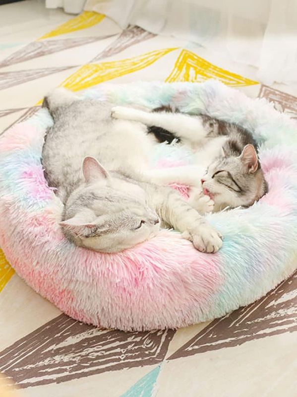 Photo 2 of Geizire 24 inch Large Cat Bed Dog Bed for Cats, Small/Medium Dogs, Washable Donut Calming Round,Soft Fluffy Warm and Cozy Anti Anxiety Cuddler, Joint-Relief Pet Bed(24'', Rainbow)
