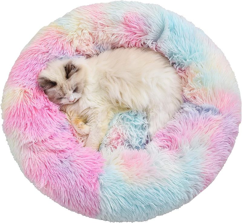 Photo 1 of Geizire 24 inch Large Cat Bed Dog Bed for Cats, Small/Medium Dogs, Washable Donut Calming Round,Soft Fluffy Warm and Cozy Anti Anxiety Cuddler, Joint-Relief Pet Bed(24'', Rainbow)
