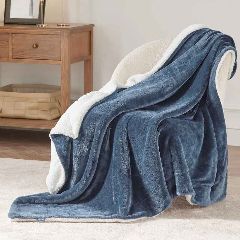 Photo 2 of Bedsure Sherpa Fleece Throw Blanket Twin Size for Couch - Thick and Warm Blanket for Winter, Soft and Fuzzy Fall Throw Blanket for Bed, Slate Blue, 60x80 Inches
