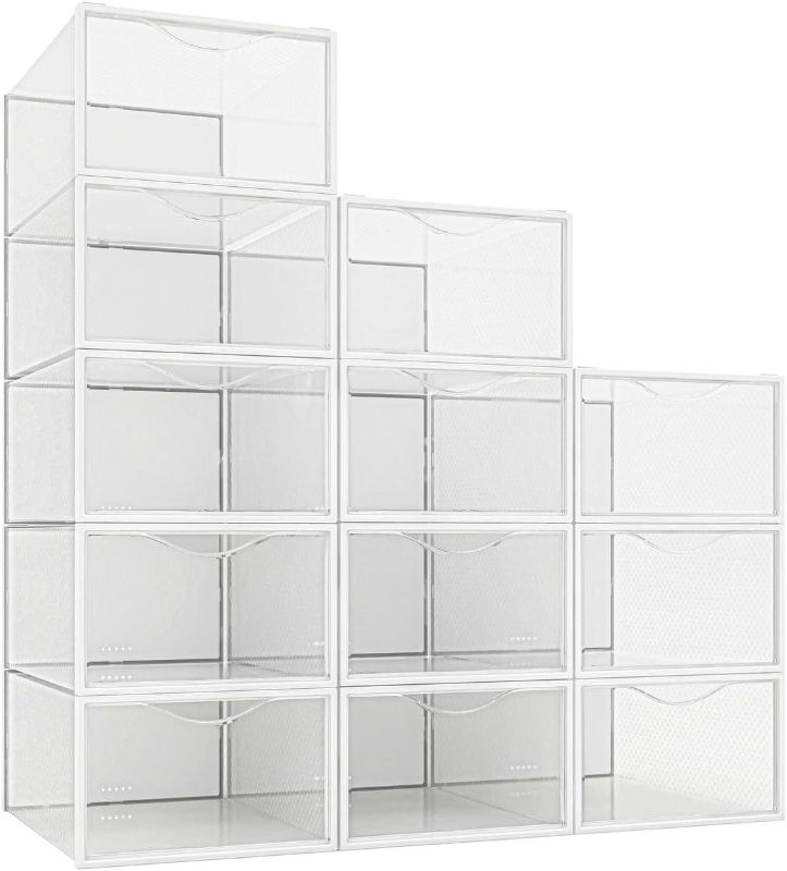 Photo 1 of 12 Pack Shoe Storage Bins, Clear Plastic Stackable Shoe Organizer for Closet, Space Saving Foldable Shoe Rack, Shoe Box Sneaker Holder Container

