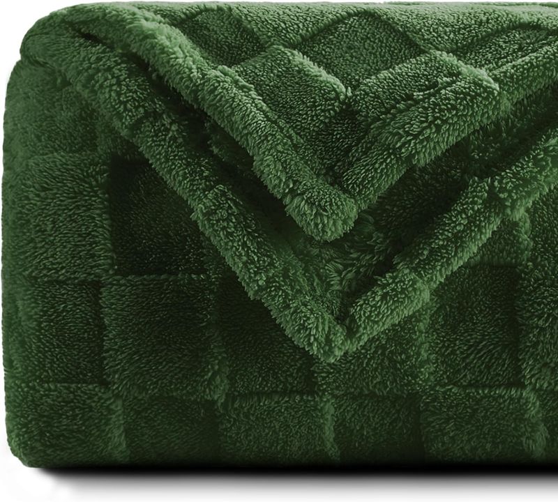 Photo 1 of Beauty Shine Super Soft Cozy Throw Blanket Green Premium Silky Jacquard 3D Checkered Bed Blanket Fleece Throw Blanket for Couch All Season (Dark Green-Checkered, Twin-60" x 80")

