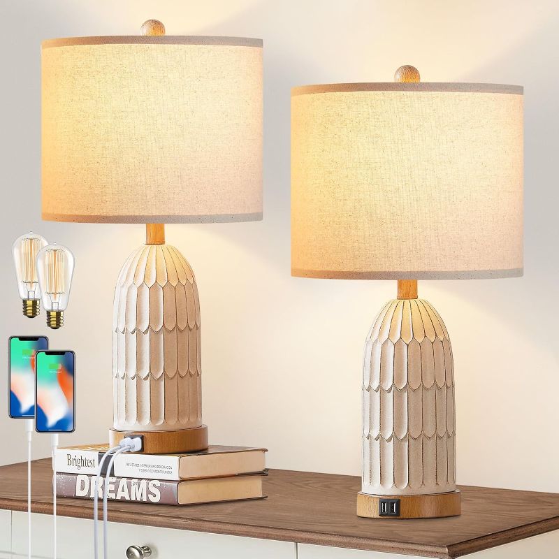 Photo 1 of Cinkeda Table Lamps for Bedroom Set of 2, Farmhouse 3-Way Dimmable Touch Lamp for Nightstand with 2 USB Charging Ports, White Vintage Rustic Boho Bedside Lamp for Living Room End Table-Bulbs Included
