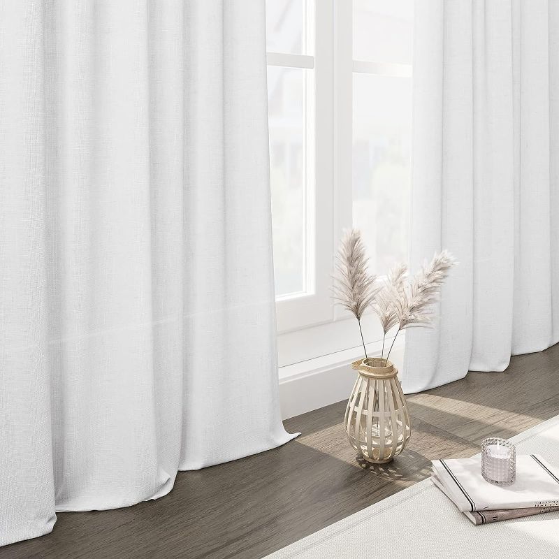 Photo 2 of White Linen Curtains 84 inches Long for Bedroom Back Tab Light Filtering Privacy Sheer White Curtains Modern Farmhouse Coastal Decor White Cotton Textured Gauze Curtain for Living Room 2 Panels
