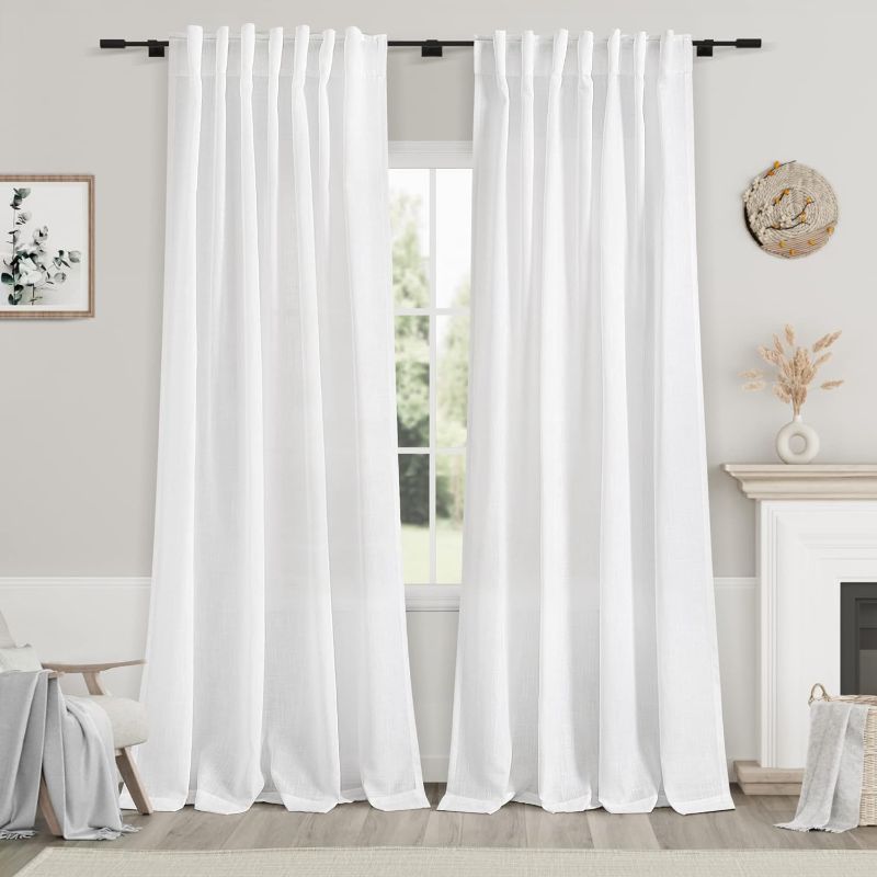 Photo 1 of White Linen Curtains 84 inches Long for Bedroom Back Tab Light Filtering Privacy Sheer White Curtains Modern Farmhouse Coastal Decor White Cotton Textured Gauze Curtain for Living Room 2 Panels
