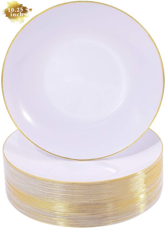 Photo 1 of 120 Pieces Gold Plastic Plates - 10.25inch Gold Dinner Plates - Heavyweight White and Gold Disposable Plates Ideal for Wedding & Party