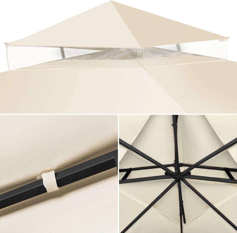 Photo 3 of Flexzion 12' x 12' Gazebo Canopy Top Replacement Cover (Ivory) - Dual Tier Up Tent Accessory with Plain Edge Polyester UV30 Protection Water Resistant for Outdoor Patio Backyard Garden Lawn Sun Shade
