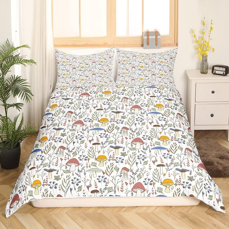 Photo 2 of Feelyou Botanical Duvet Cover Set Mushroom Printed Comforter Cover for Kids Adults Leaves and Floral Bedding Set 1 Duvet Cover & 2 Pillowcases
