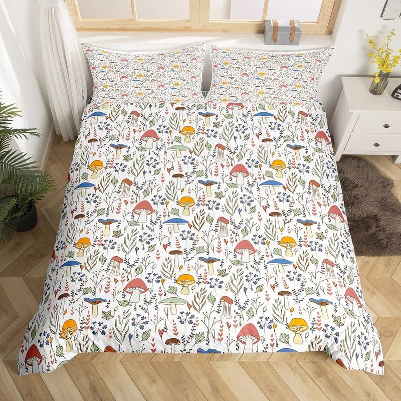 Photo 1 of Feelyou Botanical Duvet Cover Set Mushroom Printed Comforter Cover for Kids Adults Leaves and Floral Bedding Set 1 Duvet Cover & 2 Pillowcases
