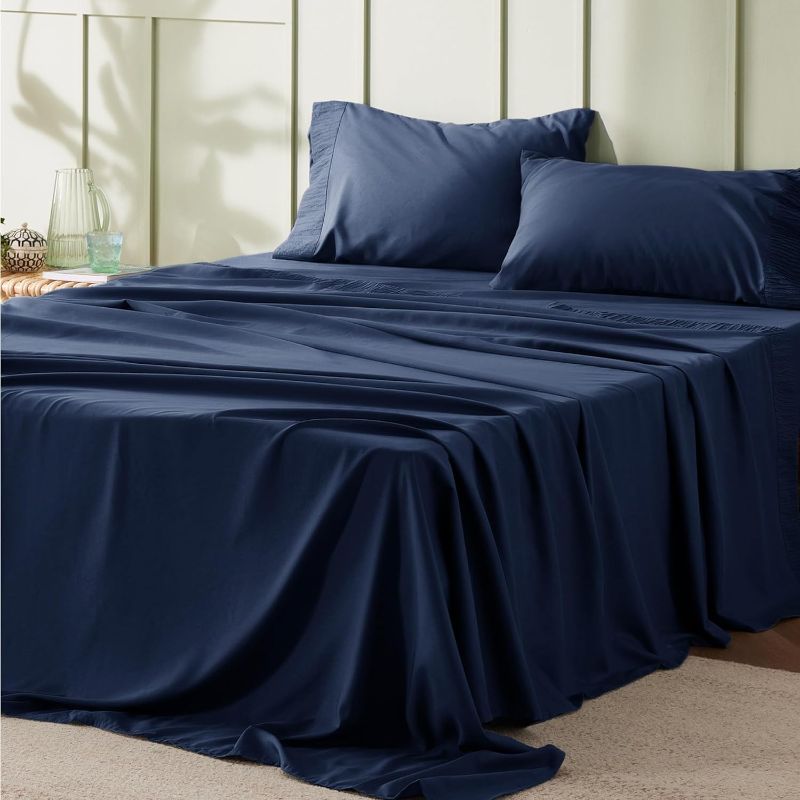 Photo 1 of Bedsure Queen Sheets Navy - Soft Sheets for Queen Size Bed, 4 Pieces Hotel Luxury Queen Sheet Set, Easy Care Polyester Microfiber Cooling Bed Sheet Set
