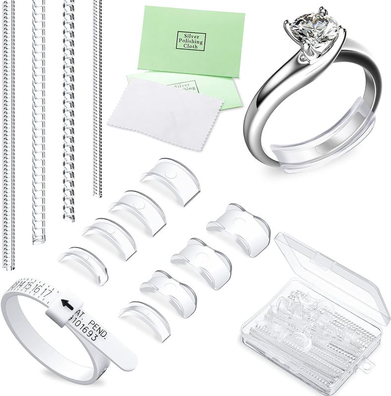 Photo 1 of Hicarer Ring Size Adjusters Set for Loosing Rings 2 Styles, 12 Sizes, Ring Size Reducer Spacer Ring Guard Ring Resizer Tightener with Ring Sizer Measuring Belt, Jewelry Cloth and Organizer
