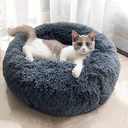 Photo 2 of BODISEINT Modern Soft Plush Round Pet Bed for Cats or Small Dogs, Mini Medium Sized Dog Cat Bed Self Warming Autumn Winter Indoor Snooze Sleeping Cozy Kitty Teddy Kennel (24'' D x 8'' H, Dark Grey)
