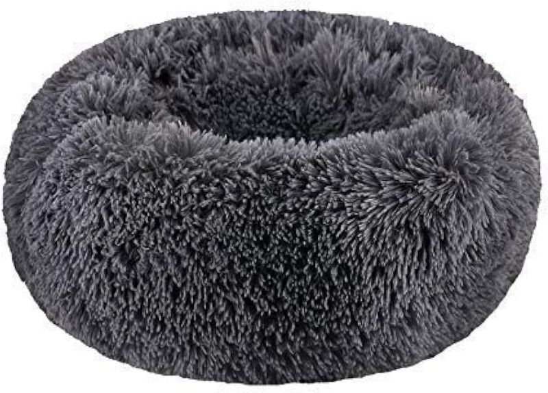 Photo 1 of BODISEINT Modern Soft Plush Round Pet Bed for Cats or Small Dogs, Mini Medium Sized Dog Cat Bed Self Warming Autumn Winter Indoor Snooze Sleeping Cozy Kitty Teddy Kennel (24'' D x 8'' H, Dark Grey)
