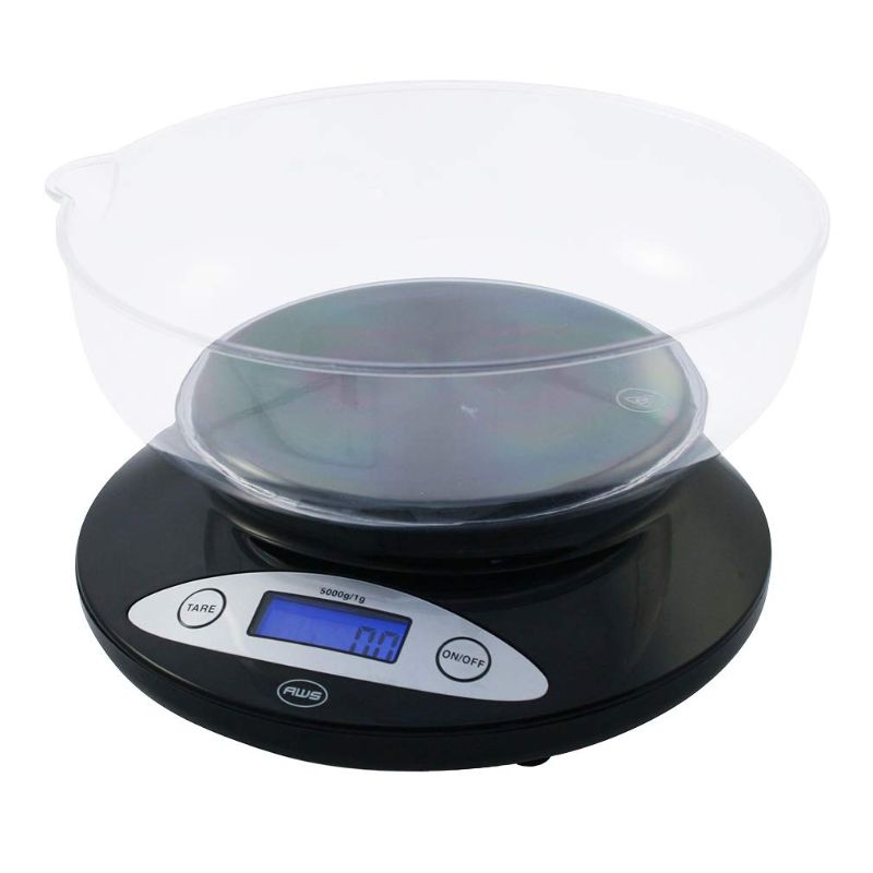 Photo 1 of Precision Digital Kitchen Food Weight Scale with Removable Bowl, Backlit Display (Black), 5KG x 1G (5K-Bowl-BK) - American Weigh Scales
