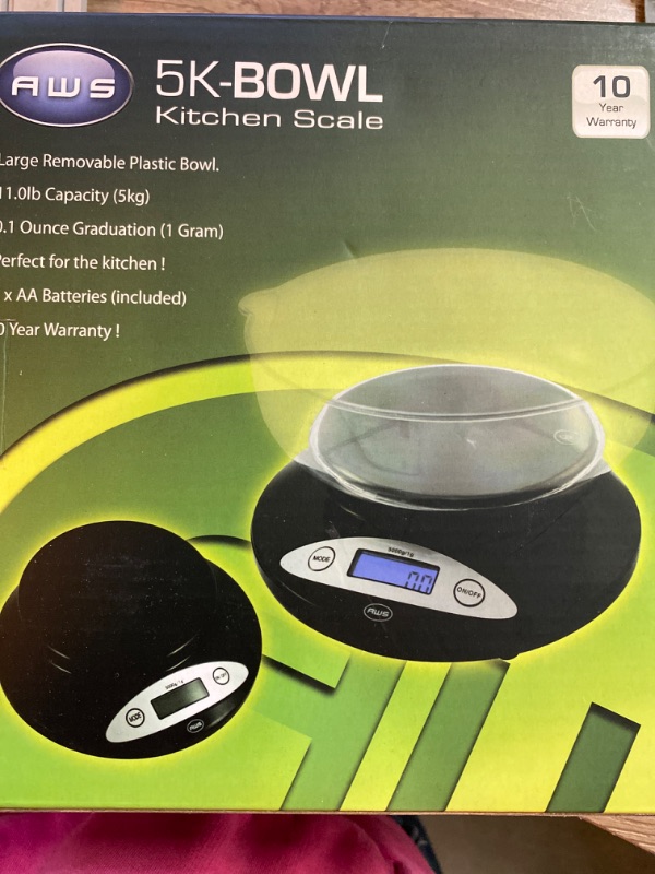 Photo 2 of Precision Digital Kitchen Food Weight Scale with Removable Bowl, Backlit Display (Black), 5KG x 1G (5K-Bowl-BK) - American Weigh Scales
