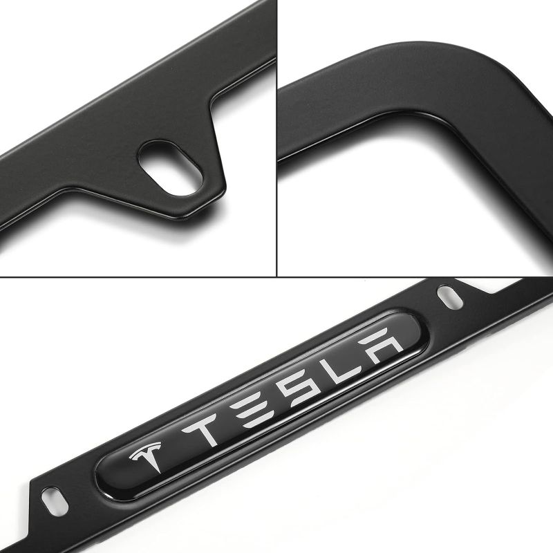 Photo 2 of 2PCS License Plate Frames for Tesla, Black Car License Plate Bracket Holder, Premium Aluminum Alloy Weather Proof License Plate Covers with Screw Caps Cover Set Car Accessories
