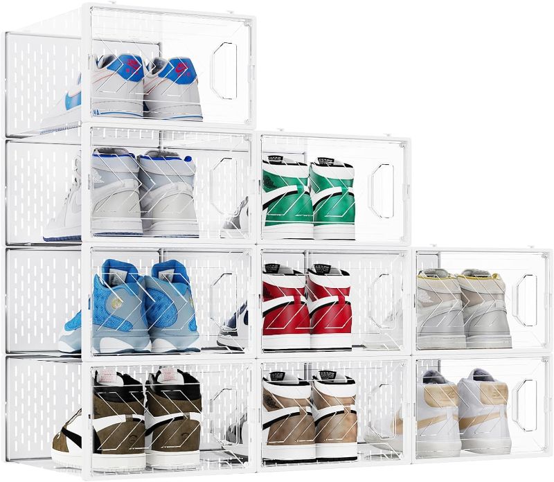 Photo 1 of BomSaluka Large 9 Pack Shoe Storage Box, Clear Plastic Stackable Shoe Organizer for Closet, Space Saving Foldable Shoe Rack Sneaker Container Bin Holder
