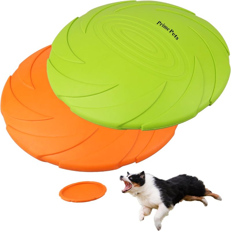 Photo 1 of PrimePets Dog Frisbees, 2 Pack, 7 Inch Dog Flying Disc, Durable Dog Toys, Nature Rubber Floating Flying Saucer for Water Pool Beach, Orange and Green
