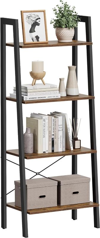 Photo 1 of VASAGLE Ladder Shelf, 4-Tier Bookshelf, Storage Rack, Bookcase with Steel Frame, for Living Room, Home Office, Kitchen, Bedroom, Industrial Style, Rustic Brown and Black ULLS44X
