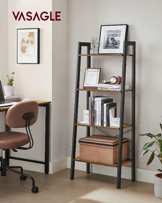 Photo 2 of VASAGLE Ladder Shelf, 4-Tier Bookshelf, Storage Rack, Bookcase with Steel Frame, for Living Room, Home Office, Kitchen, Bedroom, Industrial Style, Rustic Brown and Black ULLS44X
