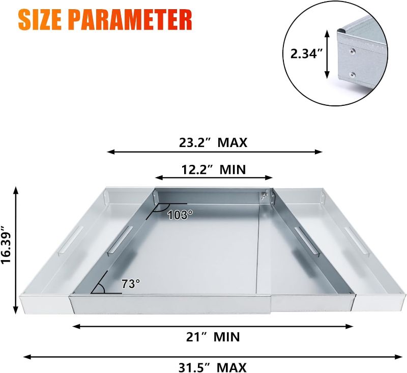 Photo 3 of Uniflasy Adjustable Fireplace Tray Ash Pan for Ash Collection, Galvanized Steel Ember Holder Inside Fireplace Accessories, Expandable Ash Pan Up to 31" Fireplace Grates Pan with Handles, Silver
