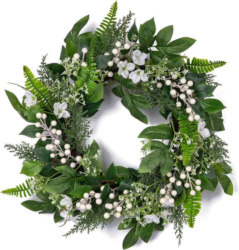 Photo 1 of 20 inch Spring Wreaths for Front Door with White Berries,Handmade Green Leaves Wreath for All Seasons, Greenery Floral Wreath for Wall Window Wedding Decor Home Porch Farmhouse Patio Garden Decor
