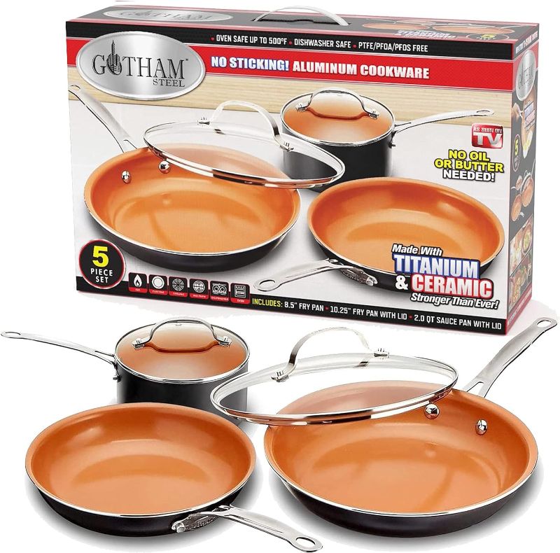 Photo 1 of GOTHAM STEEL 5 Piece Kitchen Essentials Cookware Set with Ultra Nonstick Copper Surface Dishwasher Safe, Cool Touch Handles- Includes Fry Pans, Stock Pot, and Glass Lids, Original,Graphite
