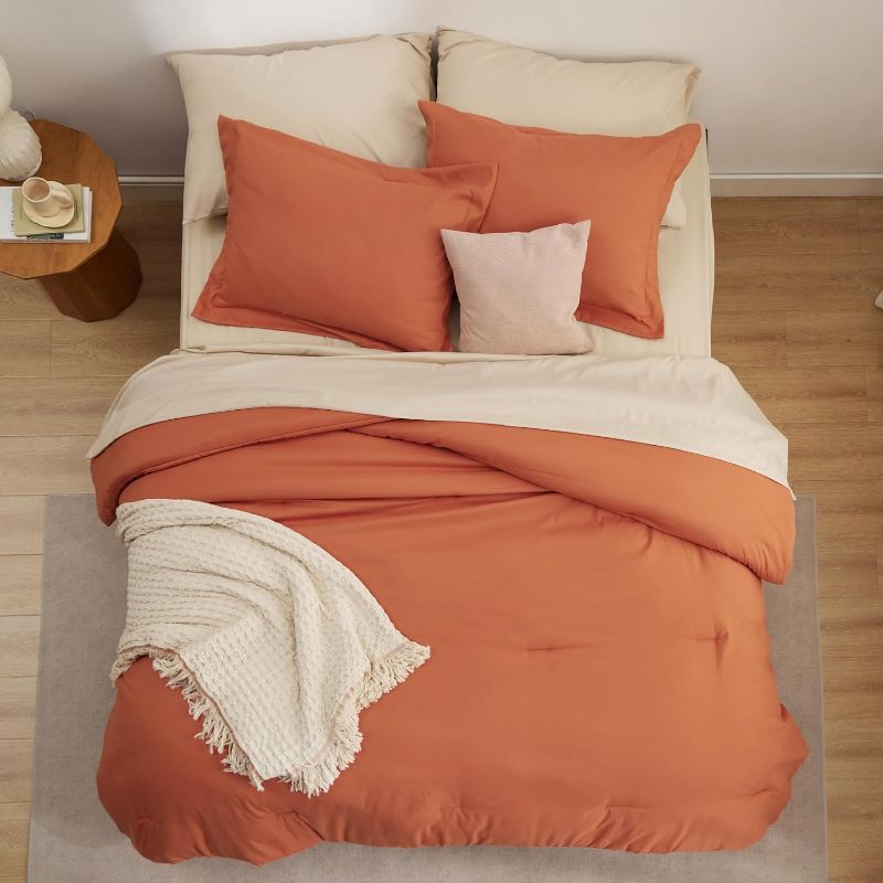 Photo 2 of Bedsure Burnt Orange Comforter Set Queen Size, 7 Pieces Soft Comforter for Queen Size Bed with Sheets, Pillowcases & Shams, All Season Boho Bed in a Bag Queen Size, Contrasting Design
