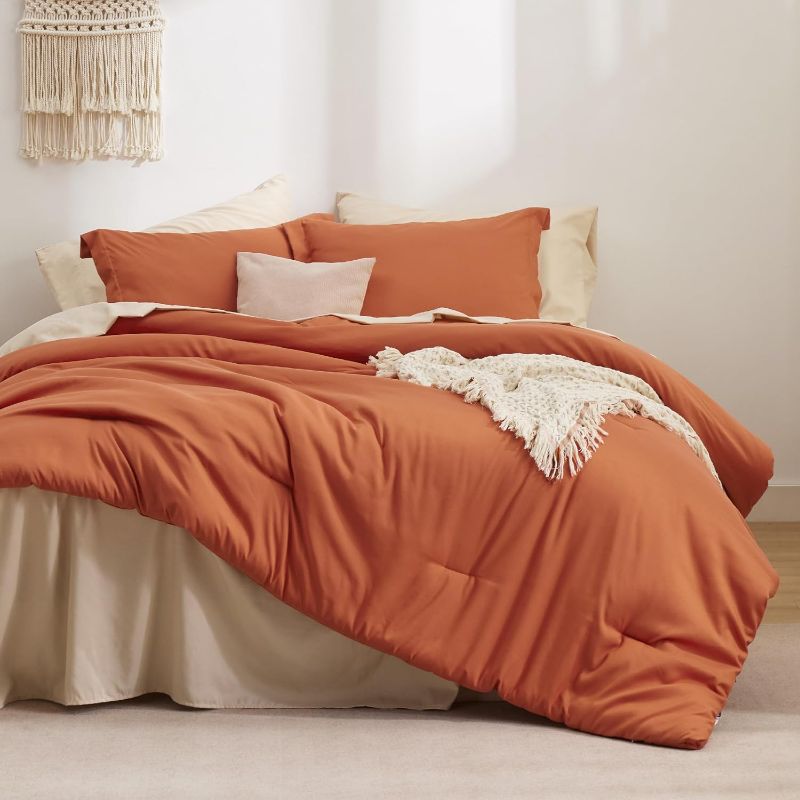 Photo 1 of Bedsure Burnt Orange Comforter Set Queen Size, 7 Pieces Soft Comforter for Queen Size Bed with Sheets, Pillowcases & Shams, All Season Boho Bed in a Bag Queen Size, Contrasting Design
