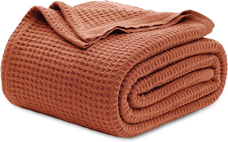 Photo 1 of Bedsure 100% Cotton Blankets Queen Size for Bed - Waffle Weave Blankets for Summer, Lightweight and Breathable Soft Woven Blankets for Spring, Red Orange, 90x90 Inches
