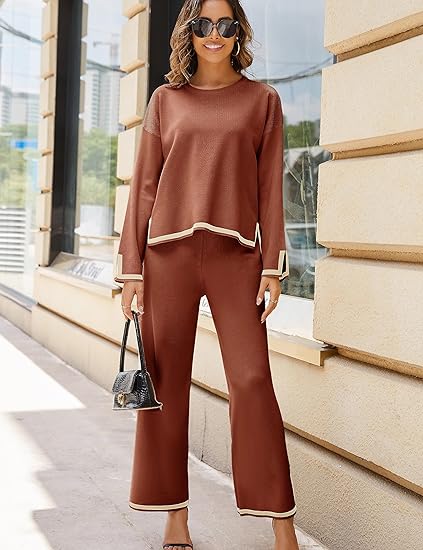 Photo 2 of Tanming Women's 2 Piece Outfits Long Sleeve Knit Sweater Top Wide Leg Pants Lounge Sets Tracksuits
