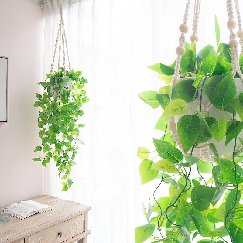 Photo 3 of Mkono Fake Hanging Plant with Pot, Artificial Plants for Home Decor Indoor Macrame Plant Hanger with Faux Vines Hanging Planter Greenery for Bedroom Bathroom Kitchen Office Decor, Ivory (Pothos)
