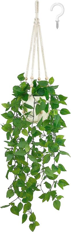 Photo 2 of Mkono Fake Hanging Plant with Pot, Artificial Plants for Home Decor Indoor Macrame Plant Hanger with Faux Vines Hanging Planter Greenery for Bedroom Bathroom Kitchen Office Decor, Ivory (Pothos)
