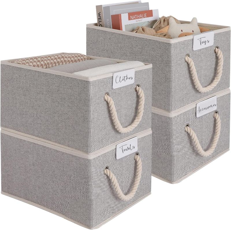 Photo 1 of LoforHoney Home Fabric Storage Baskets for Shelves, Foldable Storage Baskets for Organizing, Closet Organizer Bins with Cotton Rope Handles, Canvas Storage Bins for Clothes, Large, Light Gray, 4-Pack
