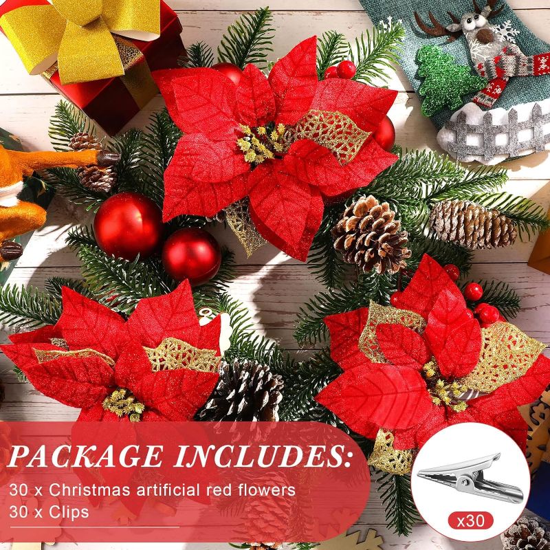 Photo 2 of 30 Pieces 8 Inches Large Christmas Artificial Poinsettia Flower Christmas Tree Glitter Faux Flowers Floral Wreath Garland Xmas Tree Ornaments for Wedding Holiday Wreath DIY (Red)
