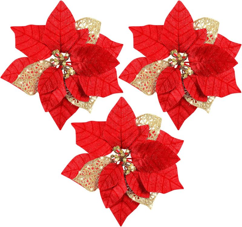 Photo 1 of 30 Pieces 8 Inches Large Christmas Artificial Poinsettia Flower Christmas Tree Glitter Faux Flowers Floral Wreath Garland Xmas Tree Ornaments for Wedding Holiday Wreath DIY (Red)
