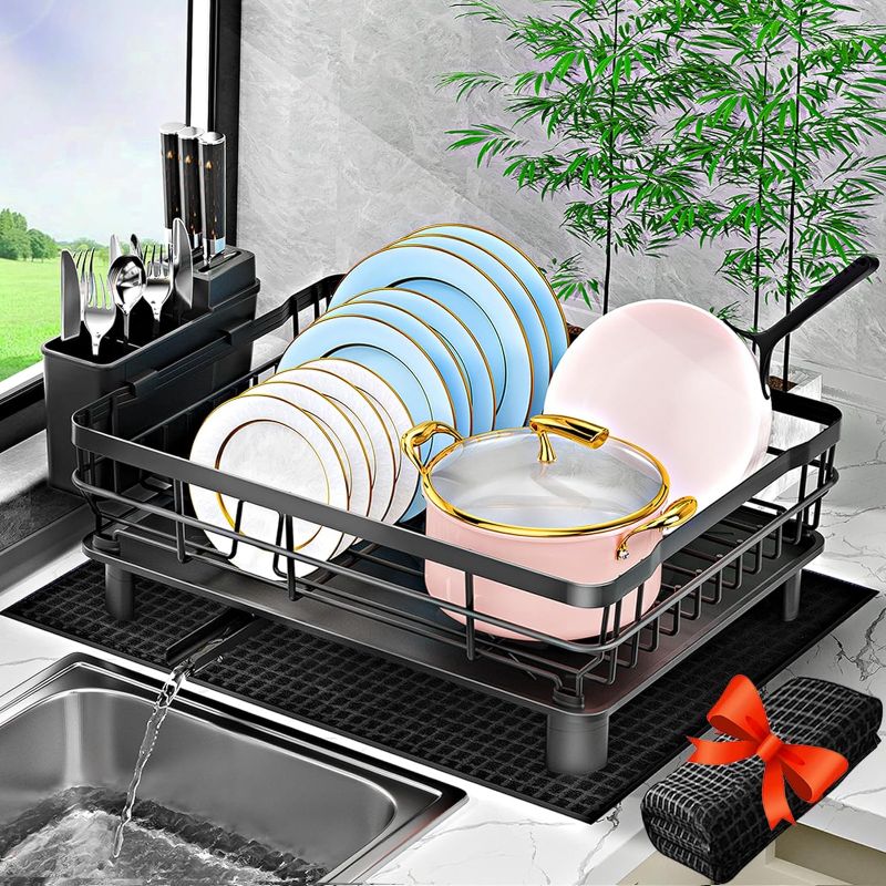 Photo 1 of BOBELA Dish Drying Rack,Dish Racks for Kitchen Counter,Dish Drainers with Removable Utensil Holder,Dish Drying Rack with Drainboard and Extra Dish Drying Mat
