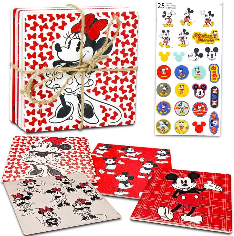 Photo 1 of Mickey and Minnie Coaster Set - Disney Home Decor Bundle with 6 Mickey and Minnie Coasters for Drinks Plus Mickey Stickers | Disney Coasters for Coffee Table
