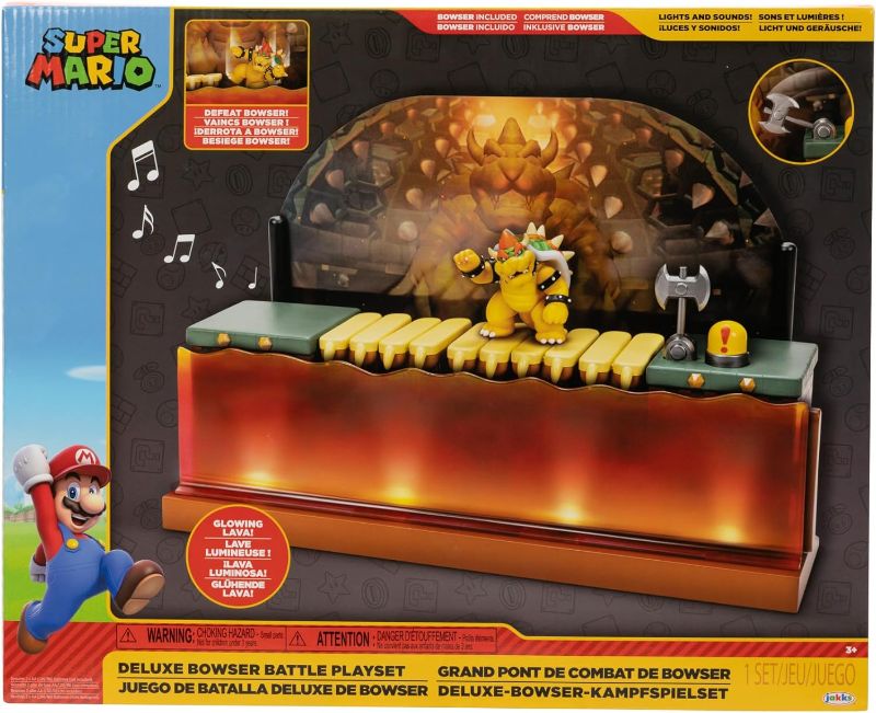 Photo 1 of SUPER MARIO Nintendo Super Mario Deluxe Bowser Battle Playset with Lights and Sounds, 2.5 Inch Bowser Action Figure Included
