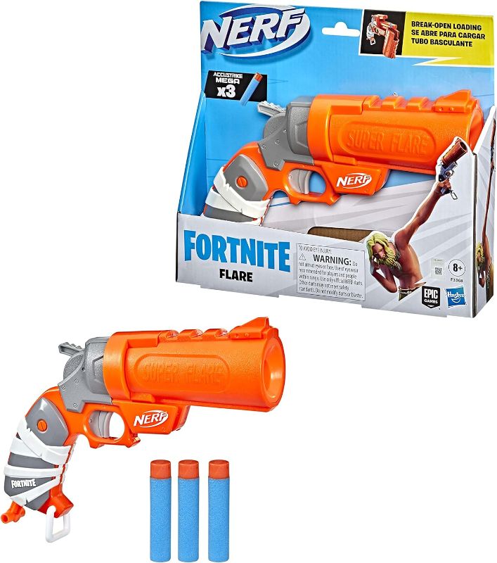 Photo 1 of Nerf Fortnite Flare Dart Blaster, Break-Open Dart Loading, 3 Nerf AccuStrike Mega Darts, Pull-Down Priming Handle
