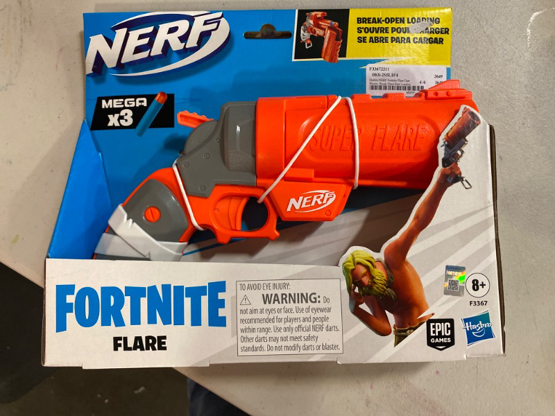 Photo 2 of Nerf Fortnite Flare Dart Blaster, Break-Open Dart Loading, 3 Nerf AccuStrike Mega Darts, Pull-Down Priming Handle
