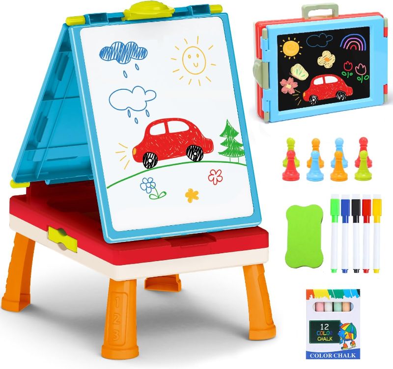Photo 1 of Kids Art Easel Toys, Foldable Double Sided Tabletop Art Easel, Chalk Board and White Board with Painting Accessories, Birthday Gift for Toddlers, Boys and Girls
